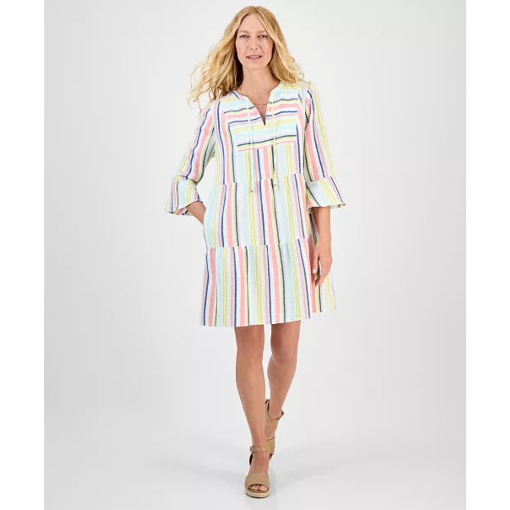 Style &‎ Co Striped Tiered Shift Dress Bell Sleeve Multi Color Womens Small